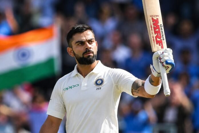 Virat Kohli celebrating during a Test cricket match, symbolising his leadership, determination, and lasting legacy in international cricket.