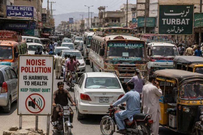 Heavy traffic on a busy road in Turbat with cars, motorcycles, buses, and pedestrians, illustrating the growing problem of noise pollution in the city.