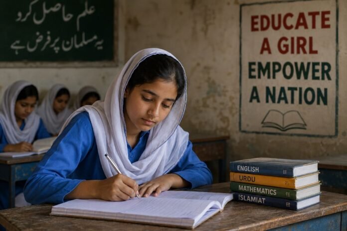 A Pakistani schoolgirl studying in a classroom, symbolising the challenges and importance of girls' education in Pakistan.