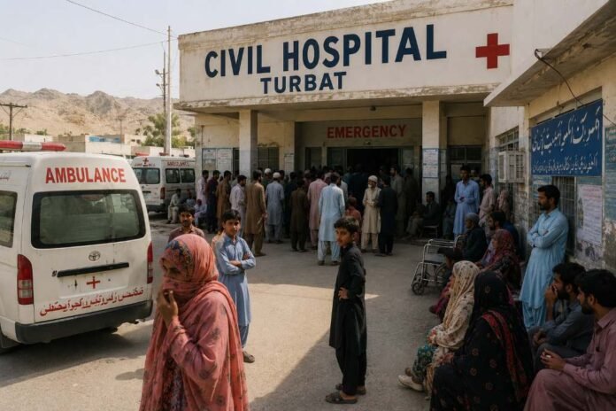 Patients waiting outside Civil Hospital Turbat, highlighting the healthcare challenges and infrastructure shortages faced by residents of Balochistan.